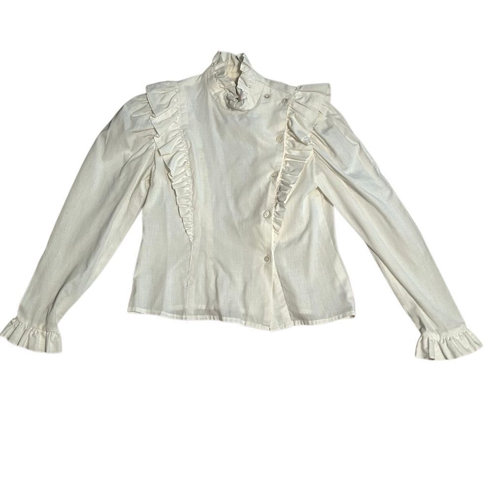 Vintage 70s Prairie Victorian Ruffles Puff Sleeve High Neck Bib Cottagecore M - Picture 11 of 16